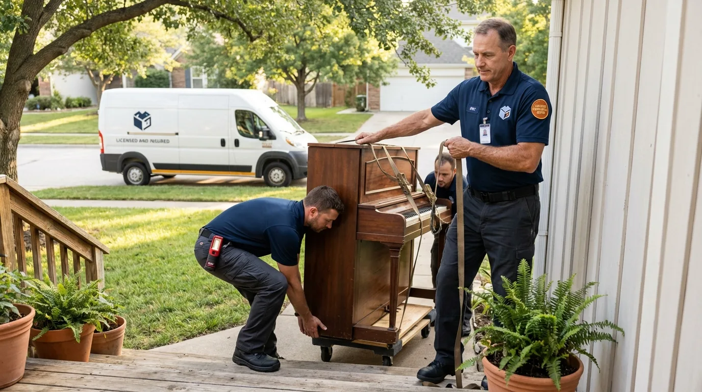 Licensed piano movers securing grand piano in Lee, NH