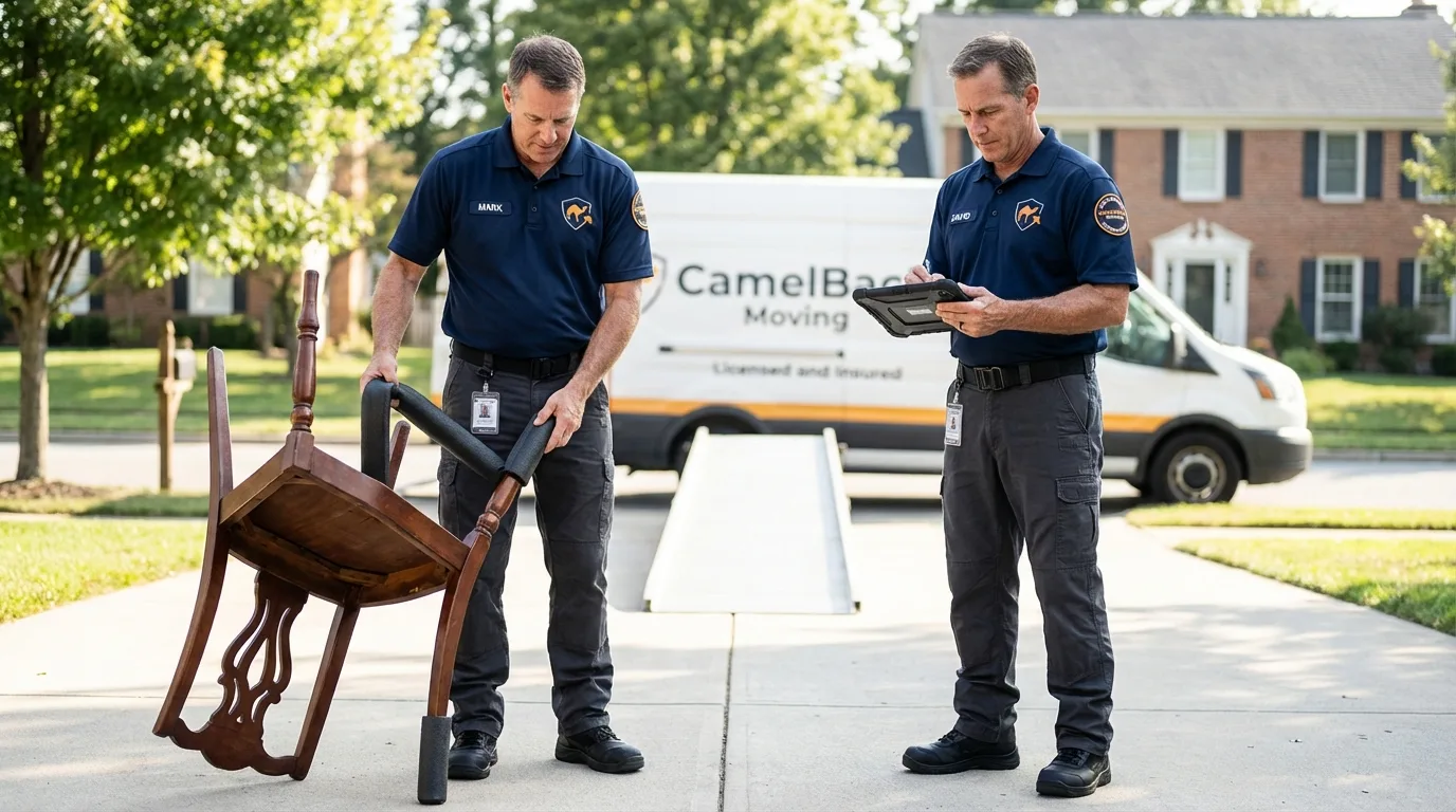 Movers inspecting furniture for damage prevention before loading in Lee, NH