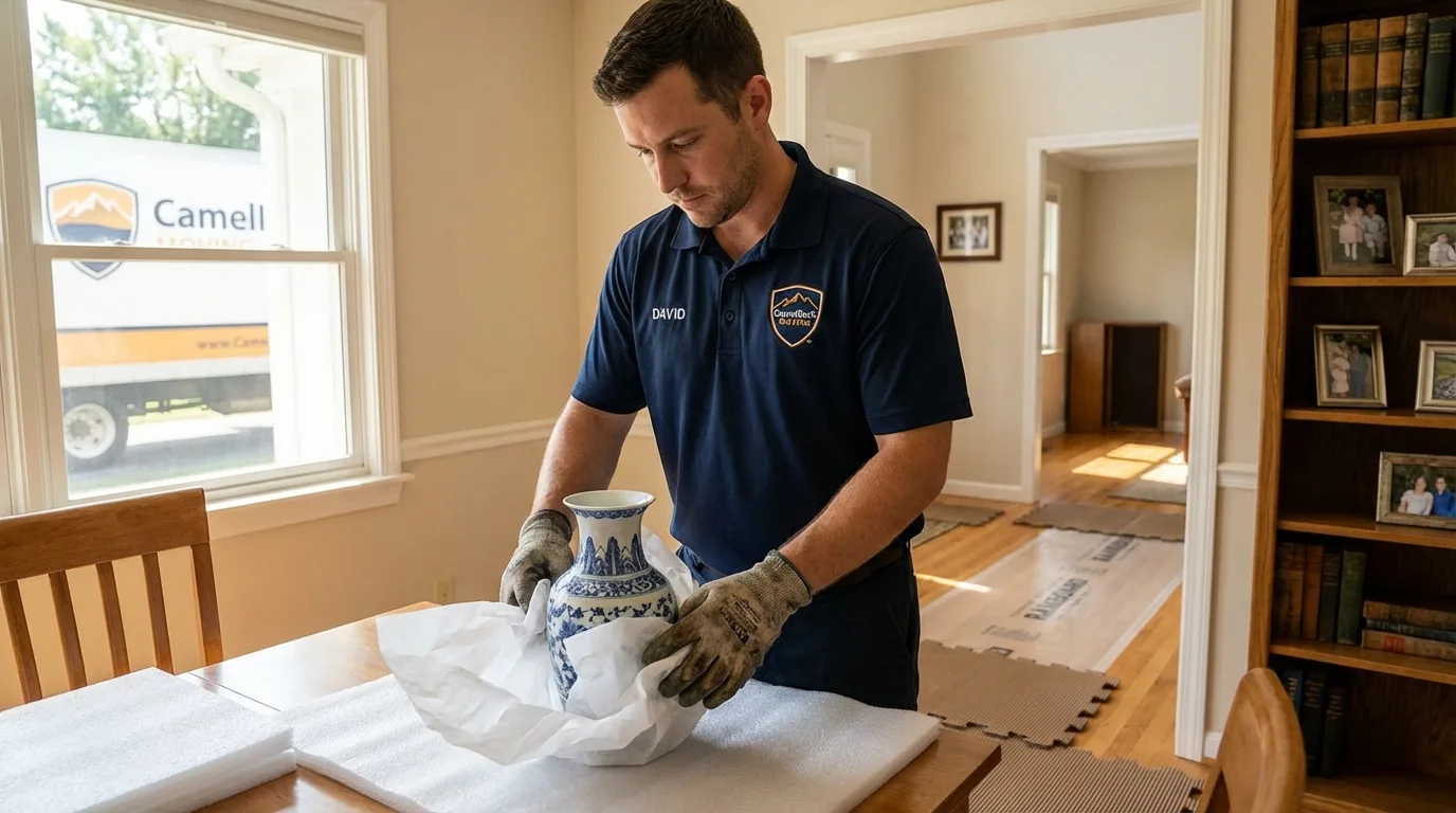 Professional crew carefully wrapping antique vase for senior downsizing move in Lee, NH