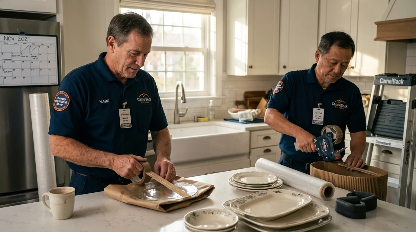 Professional crew packing kitchen dishware in Lee, NH